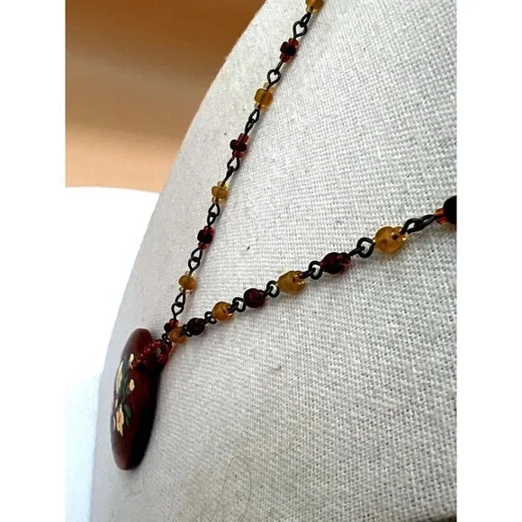 Vintage Hand-Painted Floral Pendant Necklace With Beaded Chain.  B44 - Picture 7 of 13